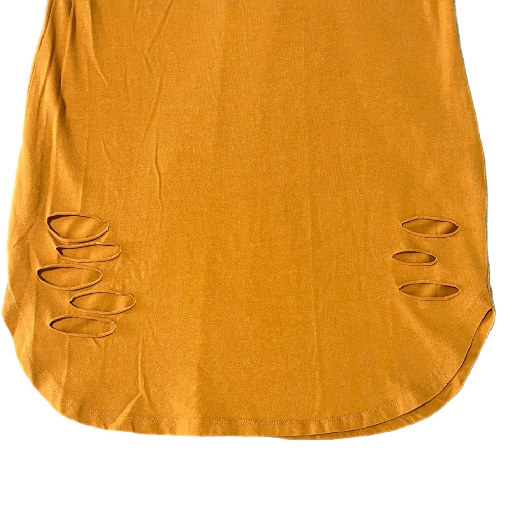 🧡 Derek Heart Bodycon Dress~Women’s Sm~Golden Orange~Ripped Details~Curved Hem - Picture 4 of 8